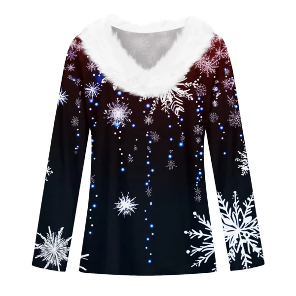 Women's V Neck Christmas Party Top Fleece Collar Shirt Long Sleeve T Shirt - Image 10