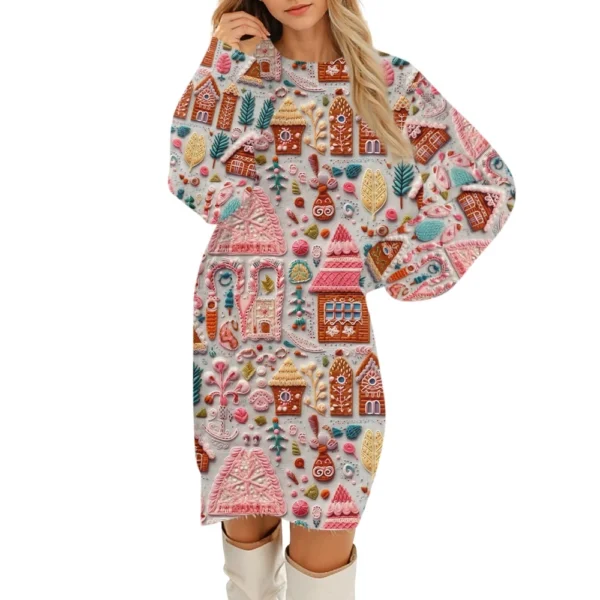 Women's Round Neck Casual Long Sleeve Plush Christmas Printed Dresses - Image 19
