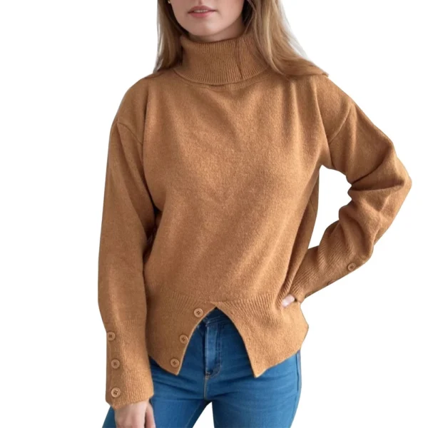 Women's Turtleneck Solid Color Slit Button Sweater Slim Fit Warm Pullover - Image 13