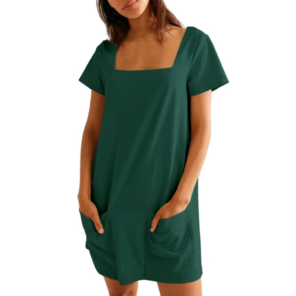 Women's Solid Color Square Collar Short Sleeve Fashion Skirt Pocket Casual Dress - Image 20