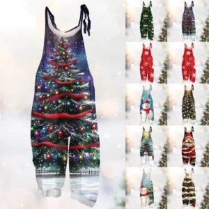 Women's Vintage Shoulder Strap Loose Print Christmas Jumpsuit Casual