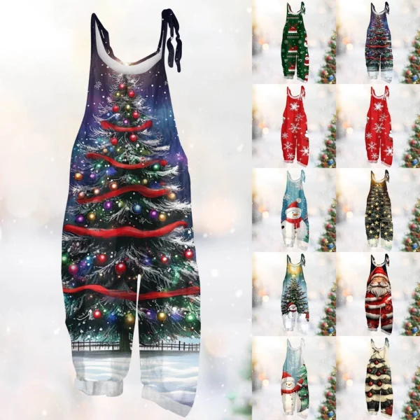 Women's Vintage Shoulder Strap Loose Print Christmas Jumpsuit Casual