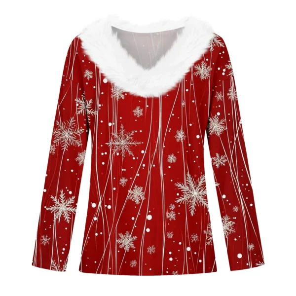 Women's Party Long Sleeve V Neck T Shirt Christmas Shirt Fleece Collar Top - Image 12