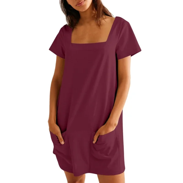 Women's Solid Color Square Collar Short Sleeve Fashion Skirt Pocket Casual Dress - Image 41