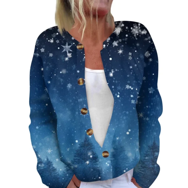 Women's Fashion Long Sleeve Christmas Snowman Snowflake Print Jacket Cardigan - Image 5
