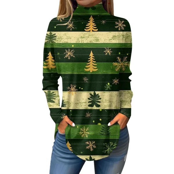 Women's Printed Christmas High Neck Pullover Long Sleeve Casual Fashion T-Shirt - Image 17