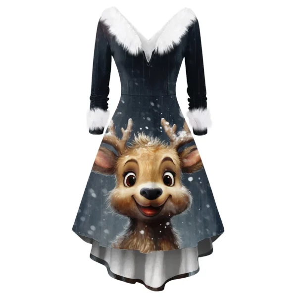 Women's Fashion V-neck Casual Fit Christmas Print Party Long Sleeve Dress - Image 5