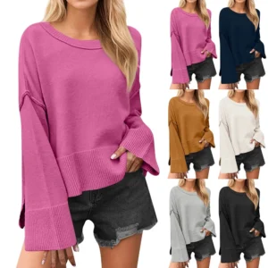 Women's Solid Color Round Neck Bell Sleeve Pullover Knitwear Fashion Short