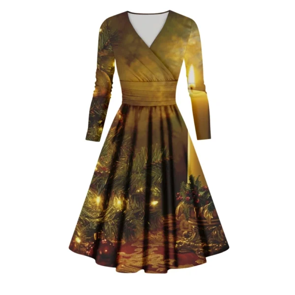 Women's Printed V-Neck Christmas Casual Fashion Long Sleeve Slim Dresses - Image 10