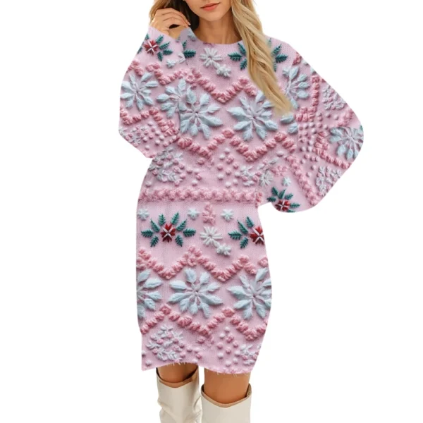 Women's Round Neck Casual Long Sleeve Plush Christmas Printed Dresses - Image 25