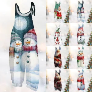Women's Vintage Casual Print Loose Christmas Jumpsuit Shoulder Strap