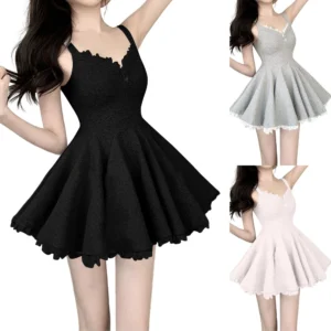 Women's V-neck Lace Patchwork Camisole Dress With Pleated A-line