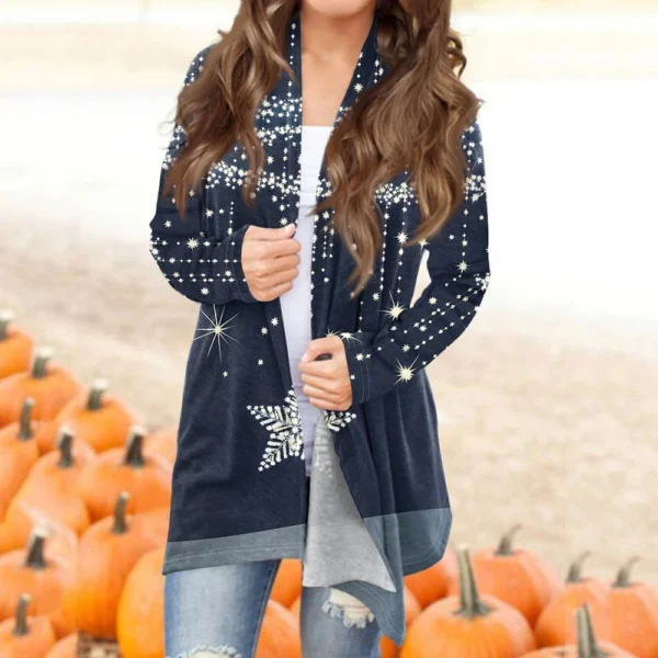 Women's Printed Cardigan Christmas Jacket Fashion Casual Medium Length Coat - Image 19