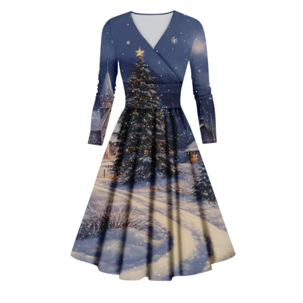 Women's Printed V-Neck Christmas Casual Fashion Long Sleeve Slim Dresses - Image 4