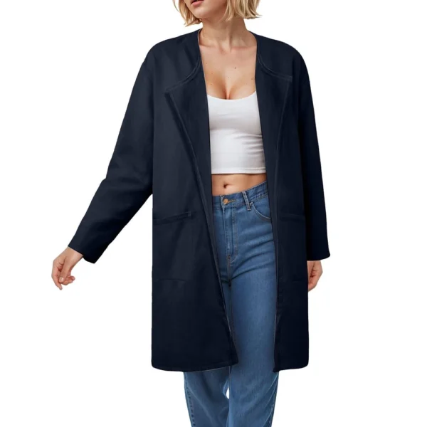 Ladies Solid Color Lapel Cardigan Tweed Cotton Coat Long Sleeve Jacket With - Image 46
