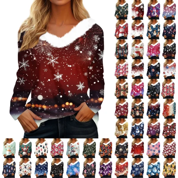 Women's V Neck Party Fleece Collar Top Shirt Christmas Long Sleeve T Shirt - Image 11