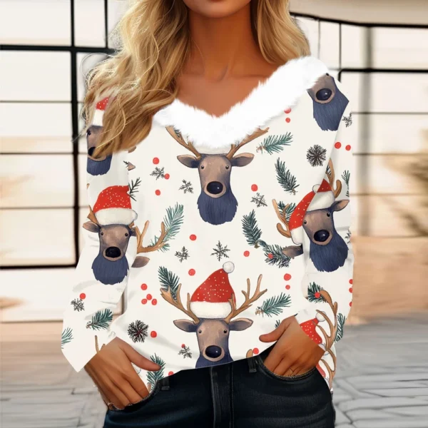 Women's Long Sleeve Christmas Printed Party Plush Neck Wide Casual V-Neck Top - Image 22