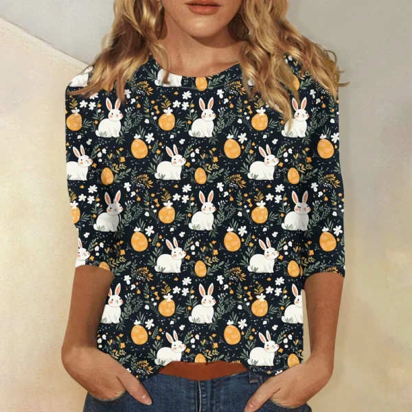Women's Casual Round Neck Easter Egg Print Three-quarter Sleeve T-shirt Top - Image 13