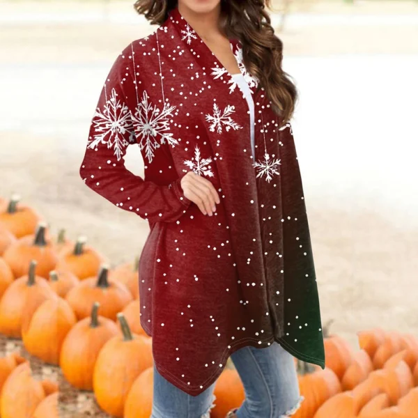 Women's Printed Cardigan Christmas Jacket Fashion Casual Medium Length Coat - Image 12