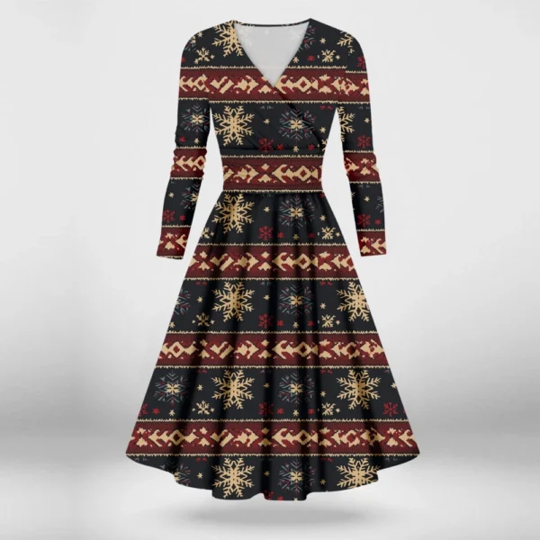 Women's Printed V-Neck Christmas Casual Fashion Long Sleeve Slim Dresses - Image 34