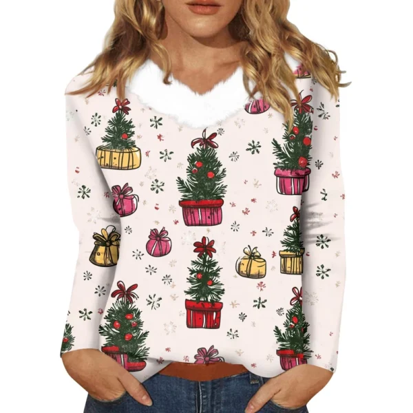 Women's Party Long Sleeve Shirt T Shirt V Neck Christmas Fleece Collar Top - Image 29