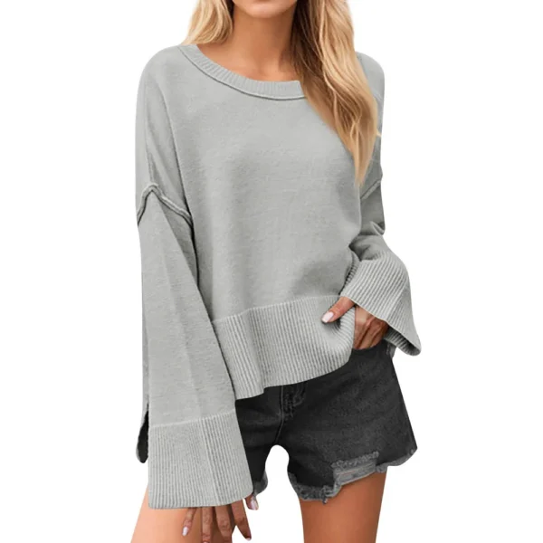 Women's Solid Color Round Neck Bell Sleeve Pullover Knitwear Fashion Short - Image 5