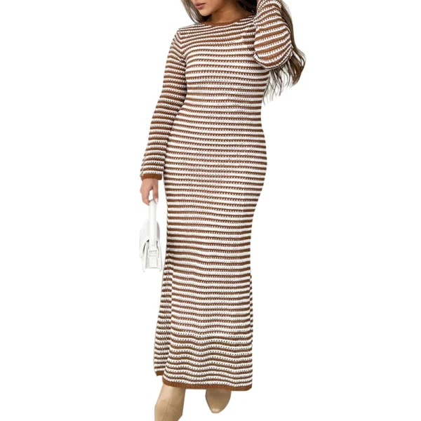 Women's Casual Striped Long Sleeved Sweater Dress, Mid Length Dress, Slim Fit - Image 20