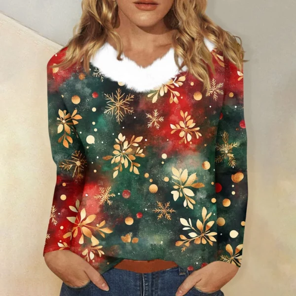 Women's Party Long Sleeve Shirt T Shirt V Neck Christmas Fleece Collar Top - Image 34