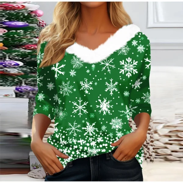 Women's V Neck Christmas Party Top Fleece Collar Shirt Long Sleeve T Shirt - Image 19