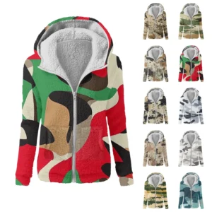 Women's Winter Camouflage Print Casual Fashion Plush Hooded Zipper Sweater