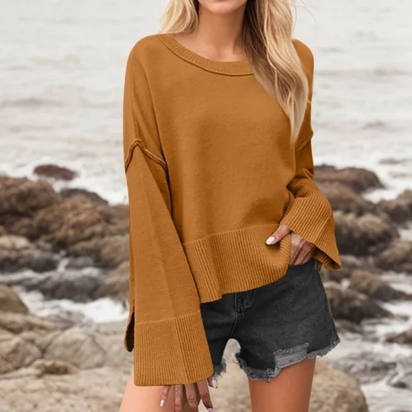 Women's Solid Color Round Neck Bell Sleeve Pullover Knitwear Fashion Short - Image 19