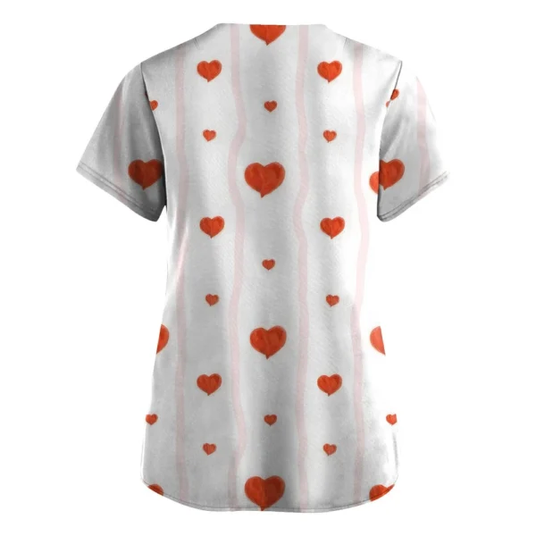 Women's Valentine's Day Printed  Uniform Work Uniform V-Neck Pocket Protective - Image 12