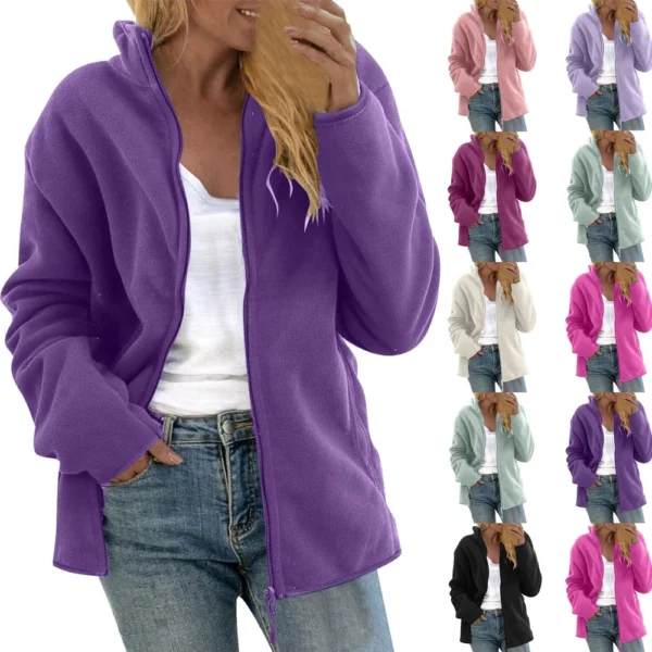 Women's Loose Casual Solid Color Lambswool Stand Up Collar Cardigan Jacket Long