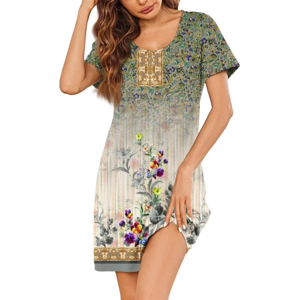 Womens Summer Dresses Short Sleeve Linen Casual T-Shirt Dresses Swing Beach - Image 8