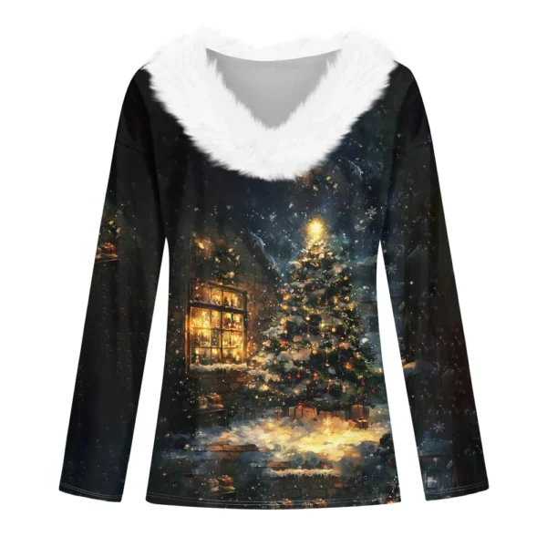Women's Shirt V Neck Christmas Top Long Sleeve Party Fleece Collar T Shirt - Image 11
