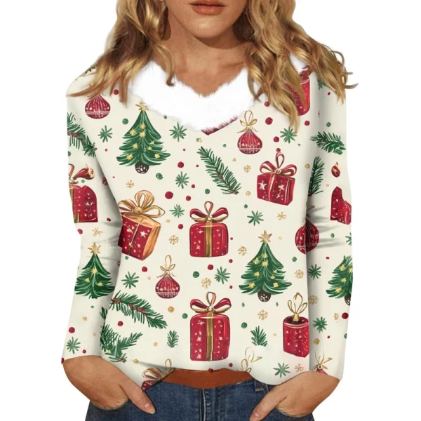Women's Party Long Sleeve Shirt T Shirt V Neck Christmas Fleece Collar Top - Image 5