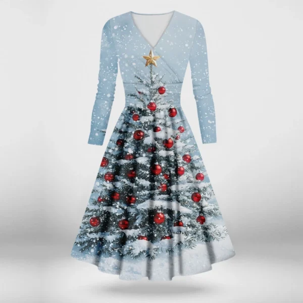 Women's Printed V-Neck Christmas Casual Fashion Long Sleeve Slim Dresses - Image 31
