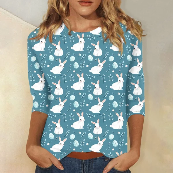 Women's Casual Round Neck Easter Egg Print Three-quarter Sleeve T-shirt Top - Image 25