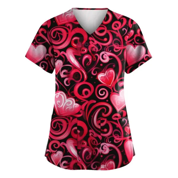 Women's Valentine's Day Printed  Uniform Work Uniform V-Neck Pocket Protective - Image 11