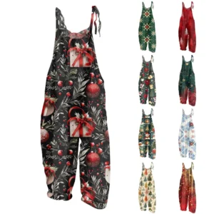 Women's Shoulder Strap Vintage Loose Print Casual Jumpsuit Christmas
