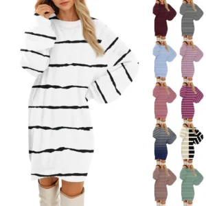 Women's Round Neck Casual Long Sleeve Plush Gradient Stripe Dresses