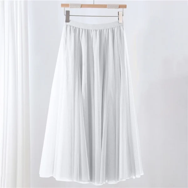 Women's Solid Color Mesh Skirt With Elastic Band Large Swing Mid Length Skirt - Image 43