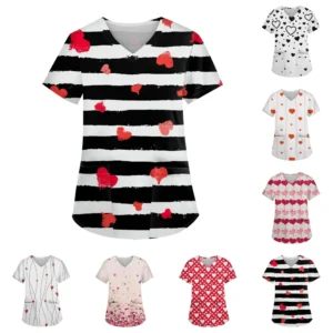 Women's Fashion V-neck Short Sleeve Workwear With Pockets Printed Tops