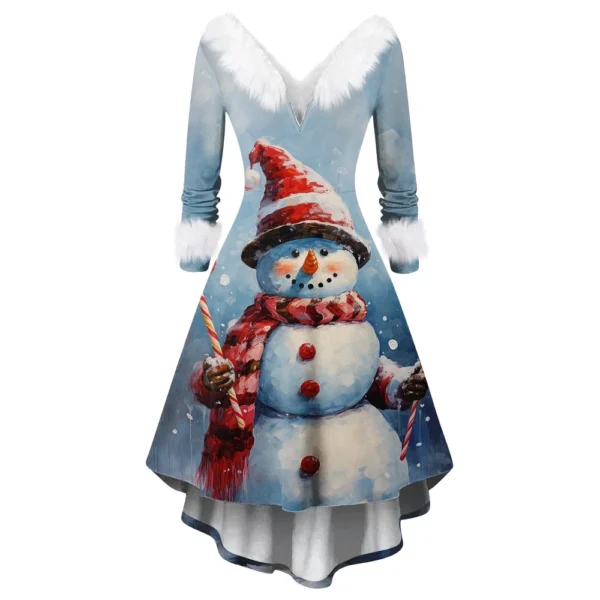 Women's Fashion V-neck Casual Fit Christmas Print Party Long Sleeve Dress - Image 3