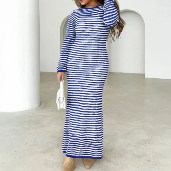 Women's Casual Striped Long Sleeved Sweater Dress, Mid Length Dress, Slim Fit - Image 16