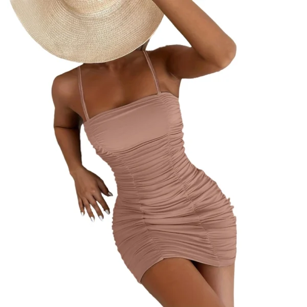 Women's Fashion Solid Color Suspender Hip Skirt Popular Pleated Waist Dress - Image 10