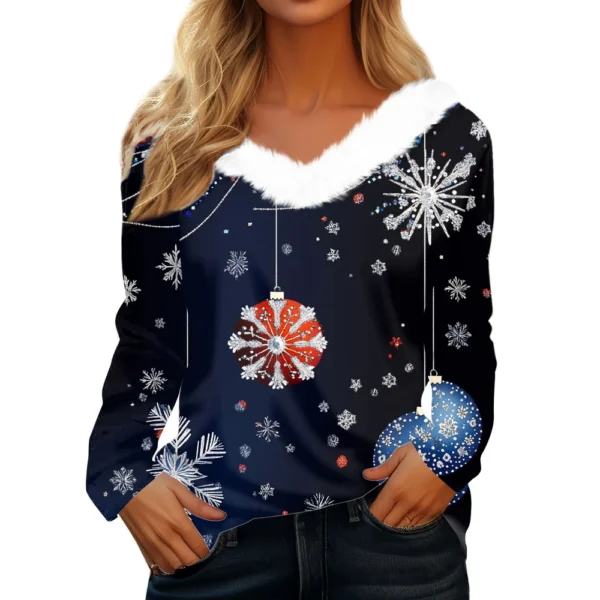 Women's Long Sleeve Christmas Printed Party Plush Neck Wide Casual V-Neck Top - Image 29