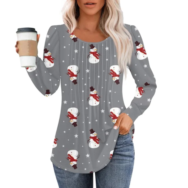 Women's Christmas Printed Top Round Neck Casual Pleated Long Sleeved T-Shirt - Image 4