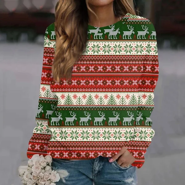Women's Long Sleeve Print O-Neck Christmas Blouse Fashion Casual Pullover Top - Image 22