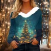 Women's Shirt V Neck Christmas Top Long Sleeve Party Fleece Collar T Shirt - Image 34